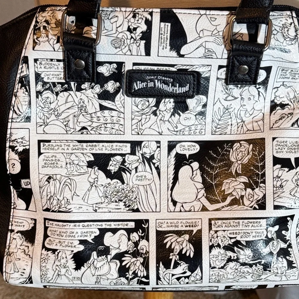 Loungefly Disney Black and White Comic Crossbody Bag, Alice in Wonderland - Picture 9 of 17